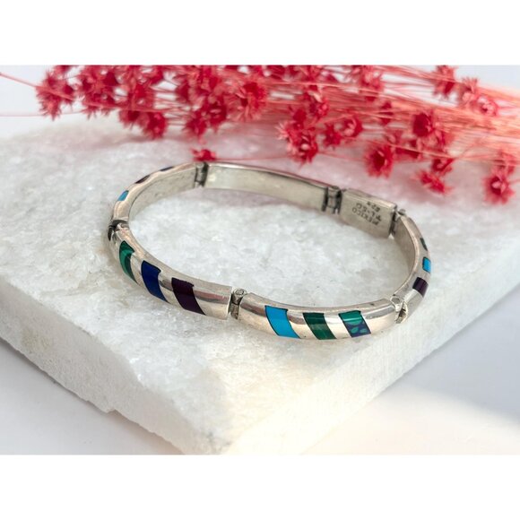 Taxco Turquoise Lapis Onyx, Malachite Vintage Hinged Mexican Sterling Bracelet - Picture 2 of 7